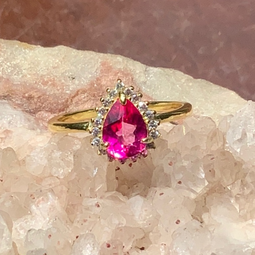 PINK TOPAZ & SIMULATED CZ 14K GOLD PLATED 925 STERLING SILVER RING, SIZE 7